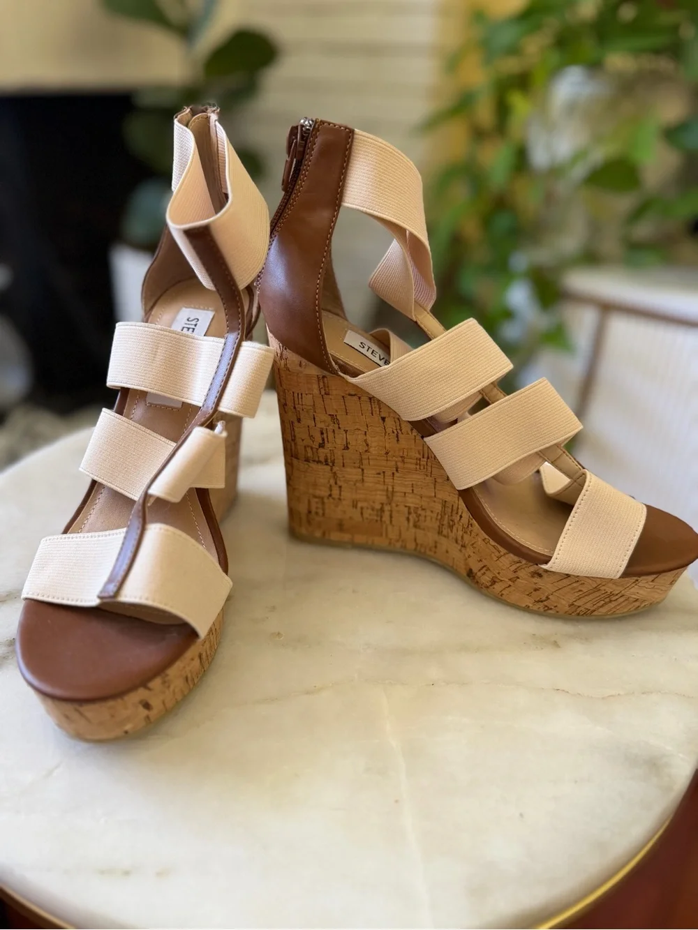 NWOT Steve Madden Beige and Brown Cork Wedge Sandals with Elastic Straps